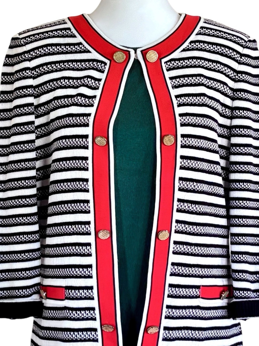 MISOOK Striped Knit Jacket Cardigan Red Black White Mod Gold Accents
